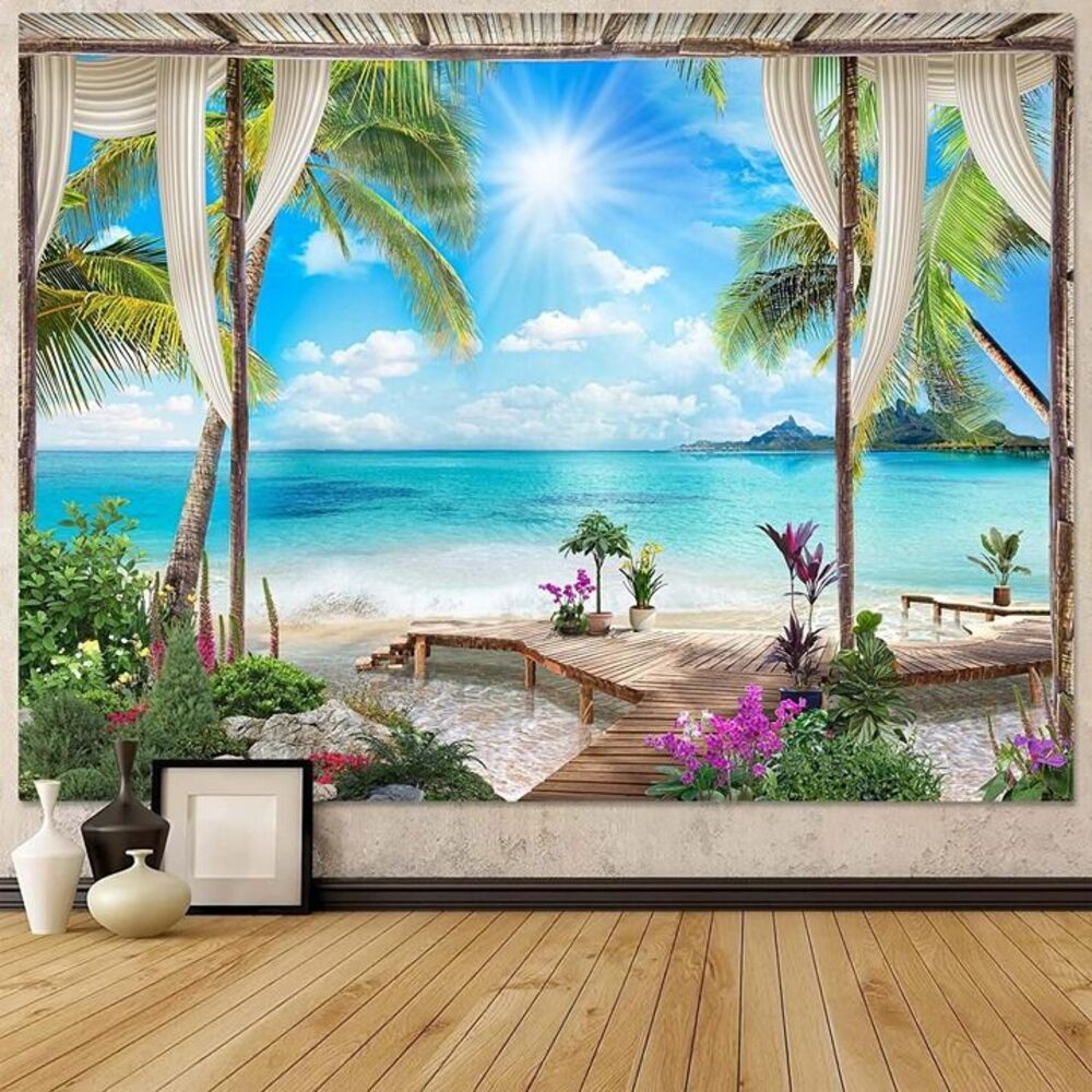 Beach Landscape Tapestry, Tropic Ocean Sea Island Palm Tree Seaside